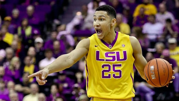 Feb 13, 2016; Baton Rouge, LA, USA; LSU Tigers forward Ben Simmons (25) brings the ball up court against the Texas A&M Aggies during the first half of a game at the Pete Maravich Assembly Center. Mandatory Credit: Derick E. Hingle-USA TODAY Sports