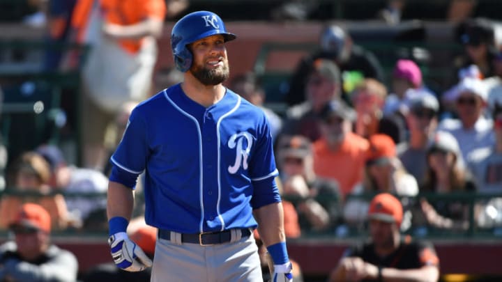 SCOTTSDALE, AZ - FEBRUARY 26: Alex Gordon #4 of the Kansas City Royals bats in the spring training game against the San Francisco Giants at Scottsdale Stadium on February 26, 2018 in Scottsdale, Arizona. (Photo by Jennifer Stewart/Getty Images)