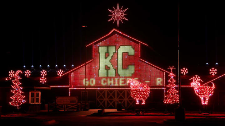 OVERLAND PARK, KANSAS - FEBRUARY 03: A barn at the Deanna Rose Homestead is lit in red in support of the Kansas City Chiefs ahead of Super Bowl LV on February 03, 2021 in Overland Park, Kansas (Photo by Jamie Squire/Getty Images)