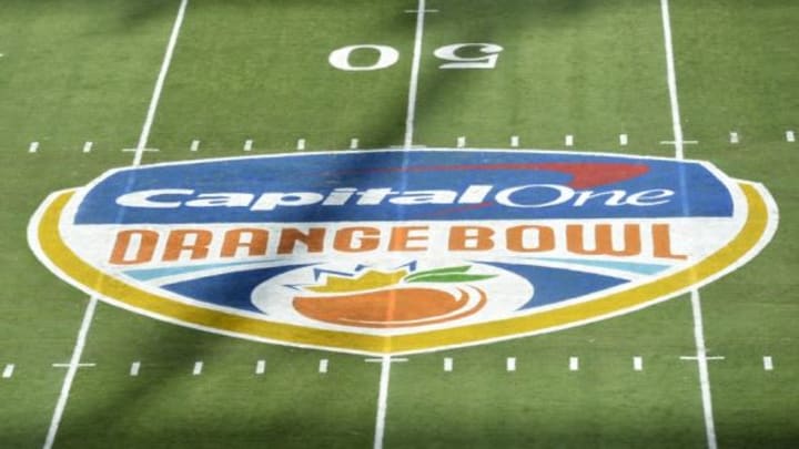 Dec 31, 2015; Miami Gardens, FL, USA; The Capital One Orange Bowl logo at mid field prior to the 2015 CFP semifinal at the Orange Bowl between the Clemson Tigers and the Oklahoma Sooners at Sun Life Stadium. Mandatory Credit: Tommy Gilligan-USA TODAY Sports