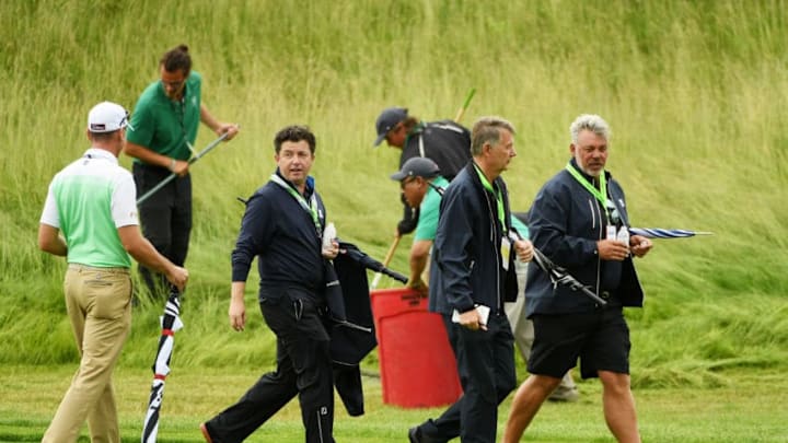 HARTFORD, WI - JUNE 13: Golf journalist Shane O'Donoghue; broadcaster Ken Brown and Darren Clarke of Northern Ireland on the course during a practice round prior to the 2017 U.S. Open at Erin Hills on June 13, 2017 in Hartford, Wisconsin. (Photo by Ross Kinnaird/Getty Images)