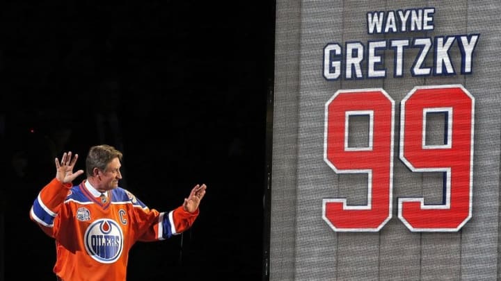 Apr 6, 2016; Edmonton, Alberta, CAN; Edmonton Oilers former player Wayne Gretzky is saluted by the fans during the closing ceremonies at Rexall Place. Mandatory Credit: Perry Nelson-USA TODAY Sports