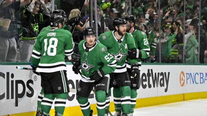 May 4, 2023; Dallas, Texas, USA; Dallas Stars center Max Domi (18) and center Wyatt Johnston (53) and center Tyler Seguin (91) and defenseman Ryan Suter (20) celebrates a goal scored by Johnston against the Seattle Kraken during the second period in game two of the second round of the 2023 Stanley Cup Playoffs at Scotiabank Arena. Mandatory Credit: Jerome Miron-USA TODAY Sports