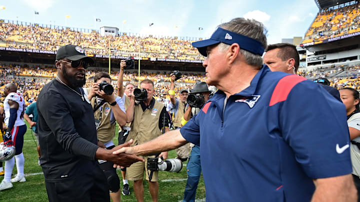 Sep 18, 2022; Pittsburgh, Pennsylvania, USA; New England Patriots head coach Bill Belichick, right, and Pittsburgh Steelers head coach Mike Tomlin shake hands after a game at Acrisure Stadium. Mandatory Credit: David Dermer-USA TODAY Sports