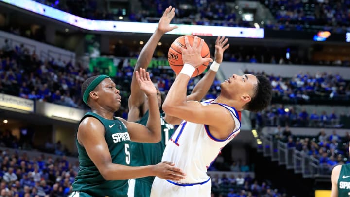 INDIANAPOLIS, IN – NOVEMBER 06: Devon Dotson #11 of the Kansas Jayhawks shoots the ball against the Michigan State Spartans during the State Farm Champions Classic at Bankers Life Fieldhouse on November 6, 2018 in Indianapolis, Indiana. (Photo by Andy Lyons/Getty Images)