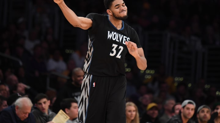 Apr 9, 2017; Los Angeles, CA, USA; Minnesota Timberwolves center Karl-Anthony Towns (32) celebrates in the fourth quarter against the Los Angeles Lakers during a NBA basketball game at Staples Center. The Lakers defeated the Timberwolves 110-109. Mandatory Credit: Kirby Lee-USA TODAY Sports