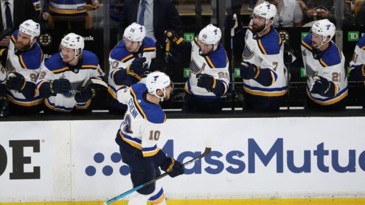BOSTON, MASSACHUSETTS - MAY 27: Brayden Schenn #10 of the St. Louis Blues is congratulated by his teammates after scoring a first period goal against the Boston Bruins in Game One of the 2019 NHL Stanley Cup Final at TD Garden on May 27, 2019 in Boston, Massachusetts. (Photo by Patrick Smith/Getty Images)