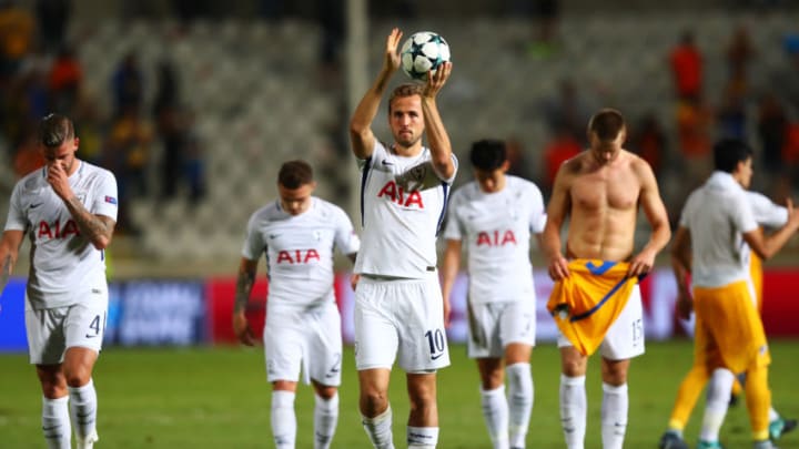 NICOSIA, CYPRUS - SEPTEMBER 26: Harry Kane of Tottenham Hotspur celebrates victory with the match ball after the UEFA Champions League Group H match between Apoel Nicosia and Tottenham Hotspur at GSP Stadium on September 26, 2017 in Nicosia, Cyprus. (Photo by Clive Rose/Getty Images)