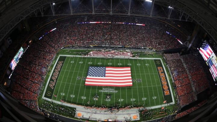 Jan 11, 2016; Glendale, AZ, USA; General view during the national anthem prior to the game between the Alabama Crimson Tide and the Clemson Tigers in the 2016 CFP National Championship at University of Phoenix Stadium. Mandatory Credit: Erich Schlegel-USA TODAY Sports