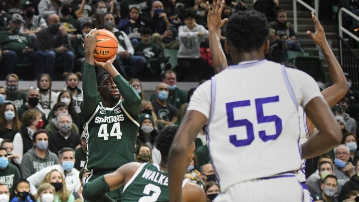 Gabe Brown shoots from three-point land against High Point University Wednesday, Dec. 29, 2021 at the Breslin Center.Dsc 3451
