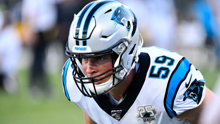CHARLOTTE, NORTH CAROLINA – AUGUST 29: Luke Kuechly #59 of the Carolina Panthers during their preseason game against the Pittsburgh Steelers at Bank of America Stadium on August 29, 2019 in Charlotte, North Carolina. (Photo by Grant Halverson/Getty Images)