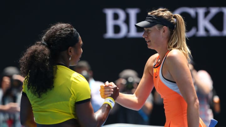 MELBOURNE, AUSTRALIA - JANUARY 26: Maria Sharapova of Russia congratulates Serena Williams of the United States on winning their quarter final match during day nine of the 2016 Australian Open at Melbourne Park on January 26, 2016 in Melbourne, Australia. (Photo by Quinn Rooney/Getty Images)