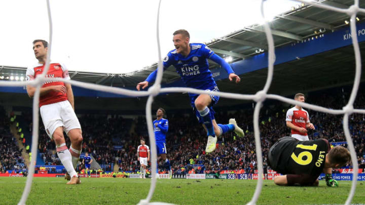 LEICESTER, ENGLAND - APRIL 28: Jamie Vardy of Leicester City celebrates as he scores his team's third goal past Bernd Leno of Arsenal during the Premier League match between Leicester City and Arsenal FC at The King Power Stadium on April 28, 2019 in Leicester, United Kingdom. (Photo by Marc Atkins/Getty Images)