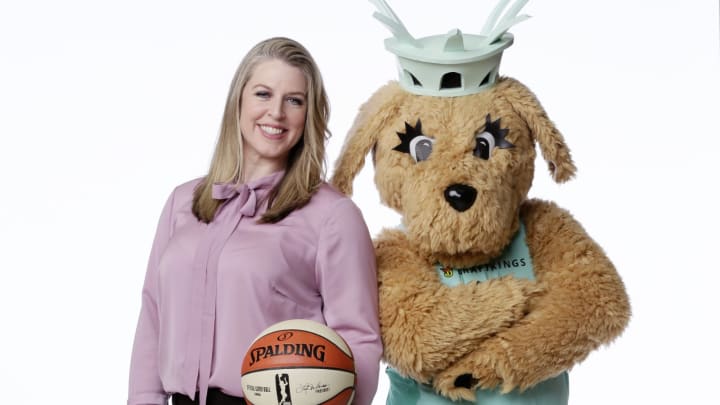 TARRYTOWN, NY – MAY 15: Katie Smith and Maddy of the New York Liberty poses for a head shot during Media Day on May 15, 2018, at the Knicks Practice Center in Tarrytown, New York.  Mandatory Copyright Notice: Copyright 2018 NBAE (Photo by Steve Freeman/NBAE via Getty Images)