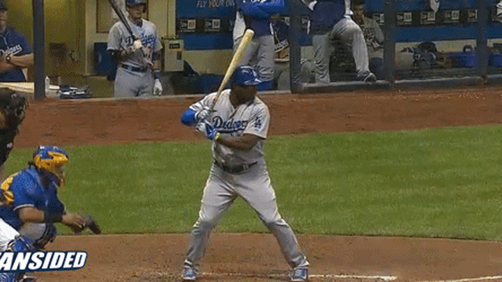 Yasiel Puig snaps bat on check swing (GIF)