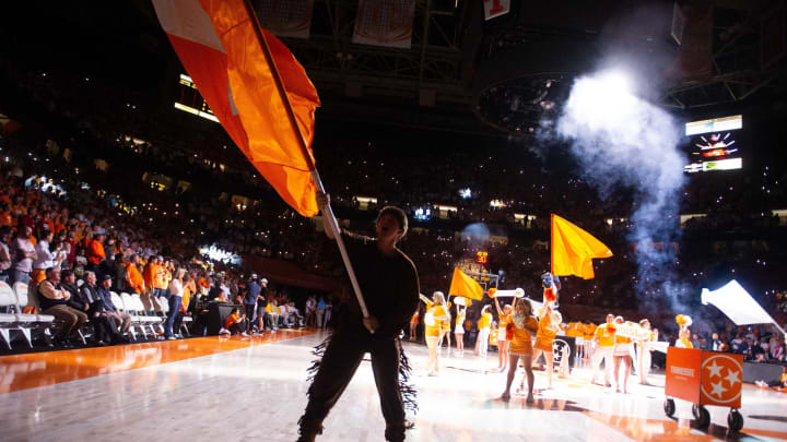 The Volunteer waves UT’s flag during pregame between basketball game between the Tennessee Volunteers and the Alabama Crimson Tide held at Thompson-Boling Arena in Knoxville, Tenn., on Wednesday, Feb. 15, 2023. Kns Vols Bama Hoops
