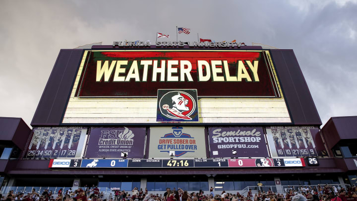 TALLAHASSEE, FL – SEPTEMBER 8: General view of the video board warning fans and teams to take cover because of a weather alert before the Florida State Seminoles play the Samford Bulldogs at Doak Campbell Stadium on Bobby Bowden Field on September 8, 2018 in Tallahassee, Florida. (Photo by Don Juan Moore/Getty Images)