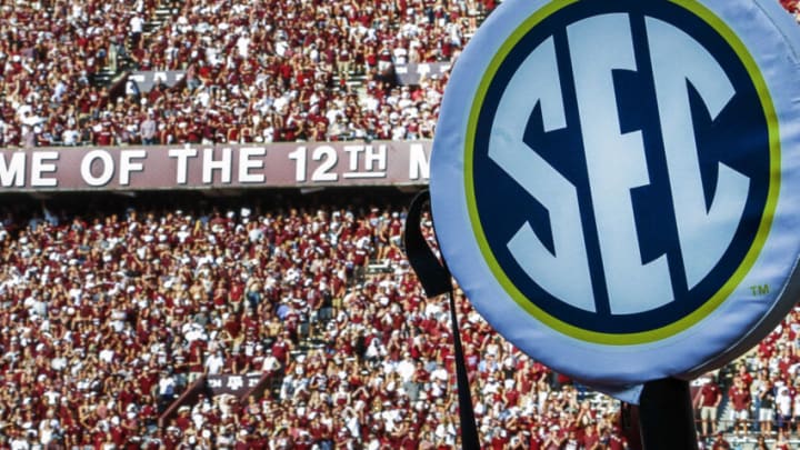 Sep 3, 2016; College Station, TX, USA; The east stands of Kyle Field with SEC logo on chains during a game between the Texas A&M Aggies and the UCLA Bruins. Texas A&M won in overtime 31-24. Mandatory Credit: Ray Carlin-USA TODAY Sports