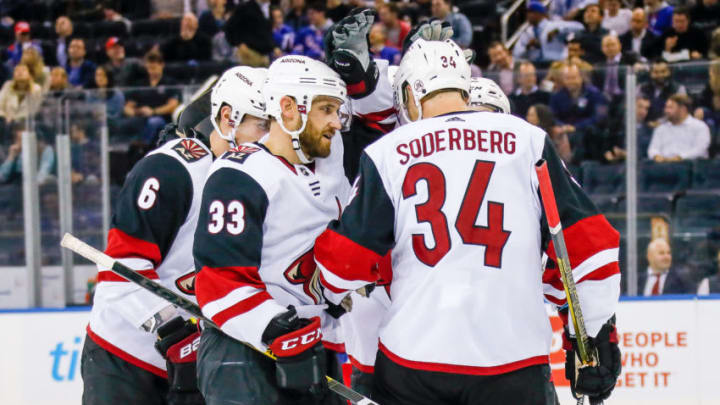 NEW YORK, NY - OCTOBER 22: Coyotes celebrate goal during the Arizona Coyotes and New York Rangers NHL game on October 22, 2019, at Madison Square Garden in New York, NY. (Photo by John Crouch/Icon Sportswire via Getty Images)