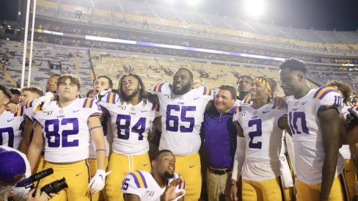 BATON ROUGE, LOUISIANA - AUGUST 31: Head coach Ed Orgeron of the LSU Tigers celebrates with his team after their win over Georgia Southern Eagles at Tiger Stadium on August 31, 2019 in Baton Rouge, Louisiana. (Photo by Marianna Massey/Getty Images)
