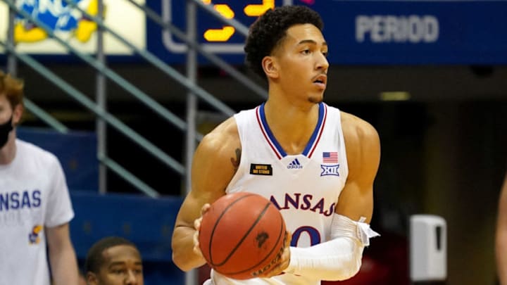 Dec 5, 2020; Lawrence, Kansas, USA; Kansas Jayhawks forward Jalen Wilson (10) looks to pass during the game against the North Dakota State Bison at Allen Fieldhouse. Mandatory Credit: Denny Medley-USA TODAY Sports