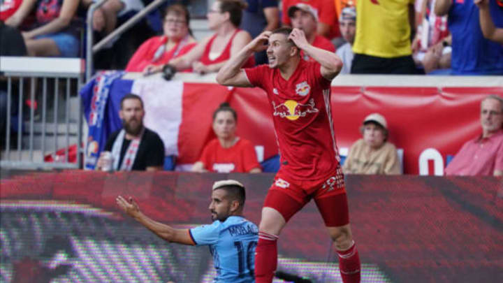 HARRISON, NJ – JULY 14: Alex Muyl complains after a foul whistle from the referee Alan Kelly during the MLS match between New York City FC and New York Red Bulls at Red Bull Arena on July 14, 2019 in Harrison, New Jersey. (Photo by Daniela Porcelli/Getty Images)