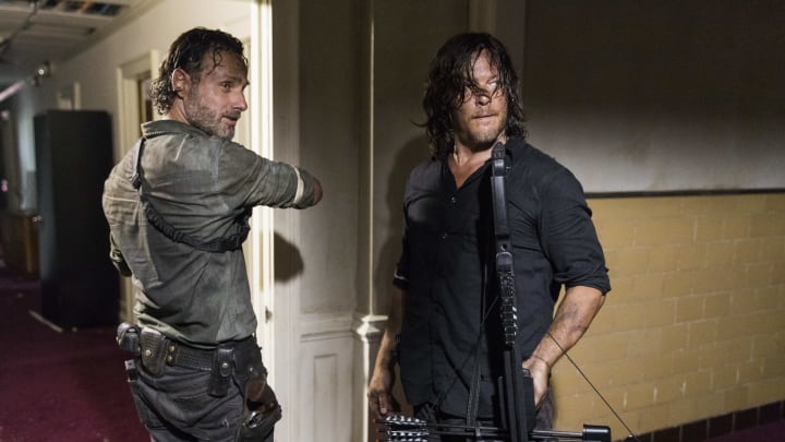 Andrew Lincoln as Rick Grimes, Norman Reedus as Daryl Dixon - The Walking Dead _ Season 8, Episode 2 - Photo Credit: Jackson Lee Davis/AMC