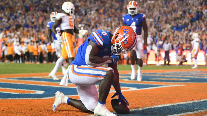 Florida running back Nay’Quan Wright (6) celebrates a touchdown during an NCAA football game against Florida at Ben Hill Griffin Stadium in Gainesville, Florida on Saturday, Sept. 25, 2021.Tennflorida0925 1493