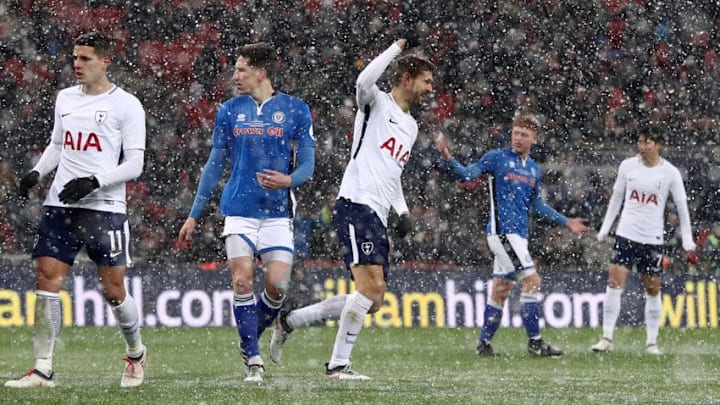 LONDON, ENGLAND - FEBRUARY 28: Fernando Llorente of Tottenham celebrates after scoring his team's third goal of the game during The Emirates FA Cup Fifth Round Replay match between Tottenham Hotspur and Rochdale on February 28, 2018 in London, United Kingdom. (Photo by Catherine Ivill/Getty Images)