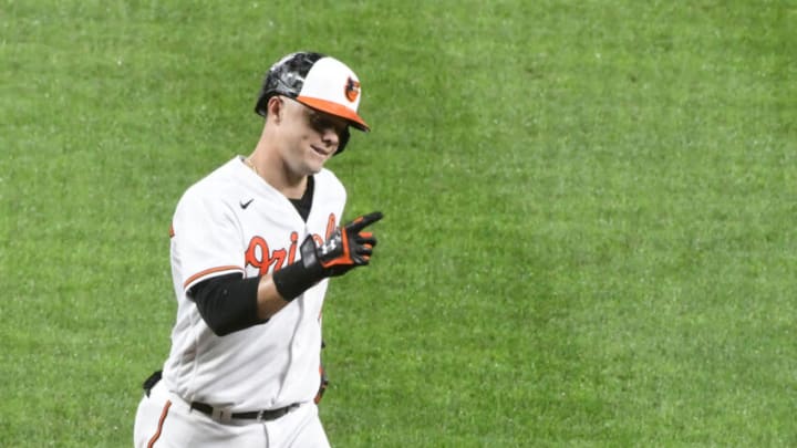 Sep 16, 2021; Baltimore, Maryland, USA; Baltimore Orioles third baseman Ryan Mountcastle (6) reacts after hitting a sixth inning home run against the New York Yankees at Oriole Park at Camden Yards. Mandatory Credit: Tommy Gilligan-USA TODAY Sports