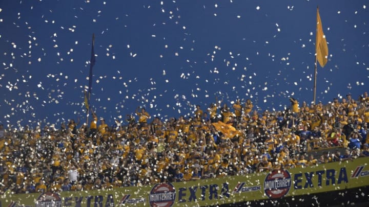 MONTERREY, MEXICO - SEPTEMBER 23: Confetti floats over Tigres' fans during the 10th round match between Tigres UANL and Monterrey as part of the Torneo Apertura 2018 Liga MX at Universitario Stadium on September 23, 2018 in Monterrey, Mexico. (Photo by Azael Rodriguez/Getty Images)