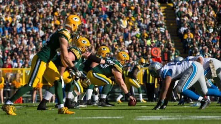 Nov 15, 2015; Green Bay, WI, USA; The Green Bay Packers line up for a play during the game against the Detroit Lions at Lambeau Field. Detroit won 18-16. Mandatory Credit: Jeff Hanisch-USA TODAY Sports
