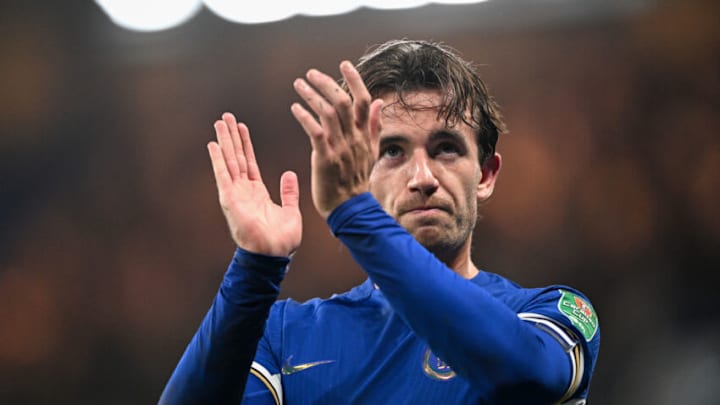 LONDON, ENGLAND - SEPTEMBER 27: Ben Chilwell of Chelsea applauds the fans at the end of the Carabao Cup Third Round match between Chelsea and Brighton & Hove Albion at Stamford Bridge on September 27, 2023 in London, England. (Photo by Mike Hewitt/Getty Images)