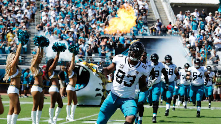 JACKSONVILLE, FL - SEPTEMBER 23: Calais Campbell #93 of the Jacksonville Jaguars takes the field with his teammates at the start of their game against the Tennessee Titans during their game at TIAA Bank Field on September 23, 2018 in Jacksonville, Florida. (Photo by Wesley Hitt/Getty Images)