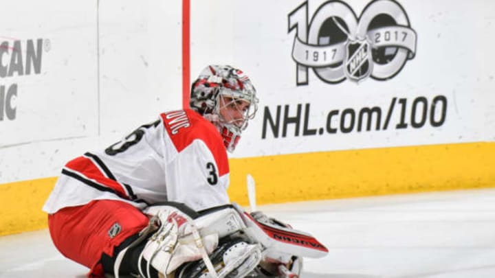 COLUMBUS, OH – JANUARY 17: Goaltender Alex Nedeljkovic #35 of the Carolina Hurricanes warms up before a game against the Columbus Blue Jackets on January 17, 2017 at Nationwide Arena in Columbus, Ohio. (Photo by Jamie Sabau/NHLI via Getty Images)