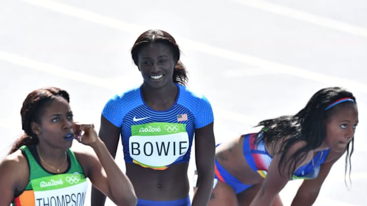 USA's Tori Bowie smiles after competing in the Women's 200m Round 1 during the athletics event at the Rio 2016 Olympic Games at the Olympic Stadium in Rio de Janeiro on August 15, 2016. / AFP / Jewel SAMAD (Photo credit should read JEWEL SAMAD/AFP/Getty Images)