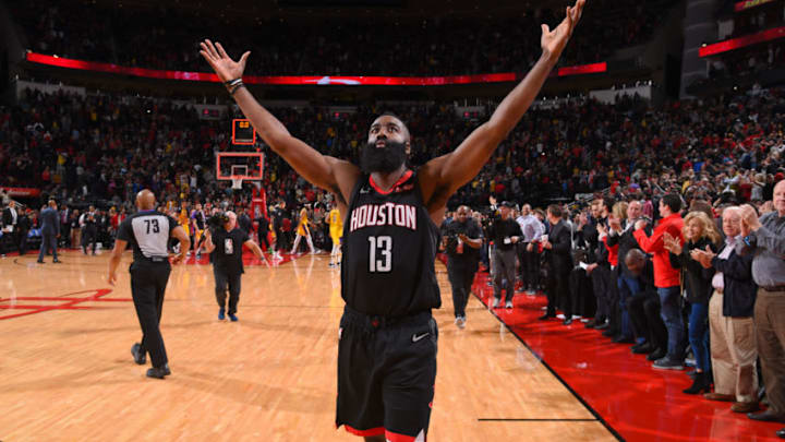 HOUSTON, TX - JANUARY 19: James Harden #13 of the Houston Rockets celebrates after the game against the Los Angeles Lakers on January 19, 2019 at the Toyota Center in Houston, Texas. NOTE TO USER: User expressly acknowledges and agrees that, by downloading and/or using this photograph, user is consenting to the terms and conditions of the Getty Images License Agreement. Mandatory Copyright Notice: Copyright 2019 NBAE (Photo by Bill Baptist/NBAE via Getty Images)