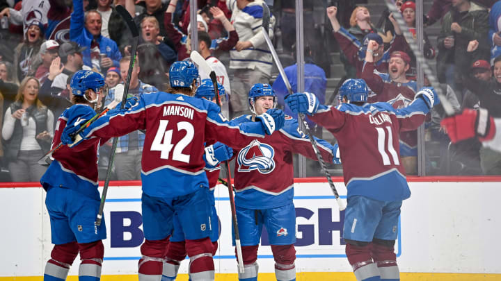 DENVER, COLORADO – APRIL 16: Ben Meyers #59 of the Colorado Avalanche  . (Photo by Dustin Bradford/Getty Images)