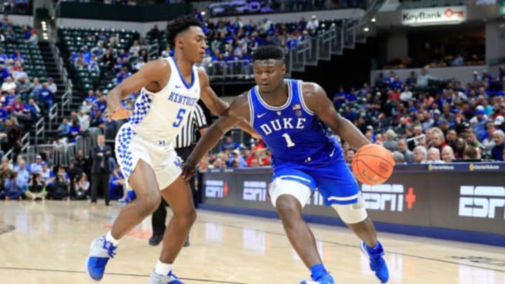 INDIANAPOLIS, IN – NOVEMBER 06: Zion Williamson #1 of the Duke Blue Devils dribbles the ball against the kentucky Wildcats during the State Farm Champions Classic at Bankers Life Fieldhouse on November 6, 2018 in Indianapolis, Indiana. (Photo by Andy Lyons/Getty Images)