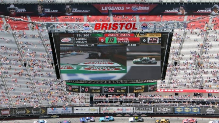 Apr 16, 2016; Bristol, TN, USA; General view of the Colossus TV screen during the NASCAR Xfinity Series Fitzgerald Glider Kits 300 at Bristol Motor Speedway. Mandatory Credit: Randy Sartin-USA TODAY Sports