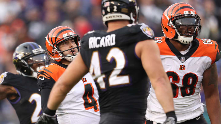 BALTIMORE, MD – NOVEMBER 18: Kicker Randy Bullock #4 of the Cincinnati Bengals reacts after missing a field goal against the Baltimore Ravens during the fourth quarter at M&T Bank Stadium on November 18, 2018 in Baltimore, Maryland. (Photo by Patrick Smith/Getty Images)