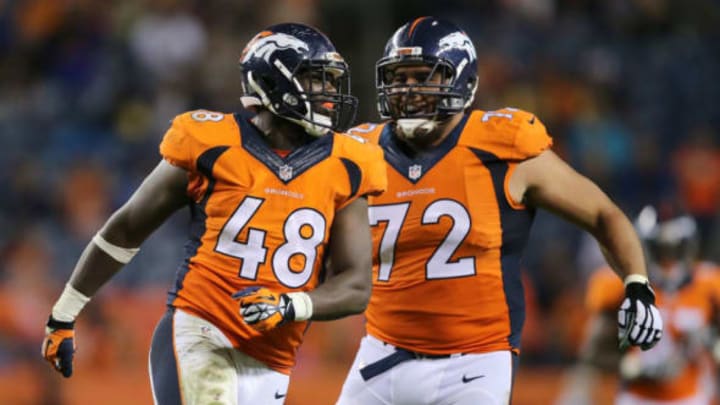 DENVER, CO – SEPTEMBER 03: Shaquil Barrett #48 of the Denver Broncos celebrates a sack against the Arizona Cardinals with teammate Sione Fua #72 during preseason action at Sports Authority Field at Mile High on September 3, 2015 in Denver, Colorado. The Cardinals defeated the Broncos 22-20. (Photo by Doug Pensinger/Getty Images)