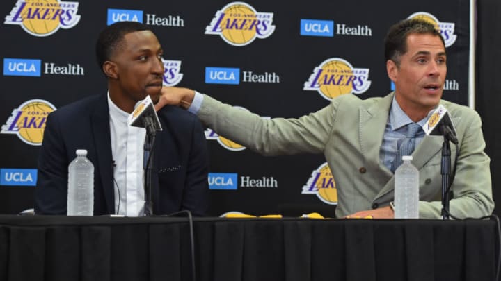 EL SEGUNDO, CA- JULY 18: President of Basketball Operations, Magic Johnson and General Manager, Rob Pelinka introduce Kentavious Caldwell-Pope #1 of the Los Angeles Lakers during a press conference in El Segundo, California at the Toyota Sports Center on July, 18, 2017. NOTE TO USER: User expressly acknowledges and agrees that, by downloading and or using this photograph, User is consenting to the terms and conditions of the Getty Images License Agreement. Mandatory Copyright Notice: Copyright 2017 NBAE (Photo by Andrew D. Bernstein/NBAE via Getty Images)