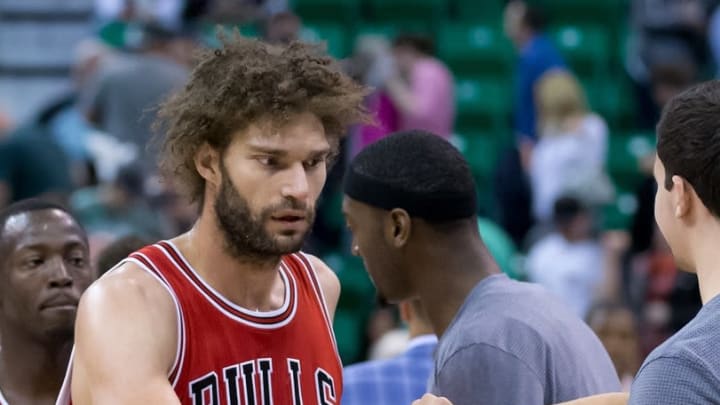 Nov 17, 2016; Salt Lake City, UT, USA; Chicago Bulls center Robin Lopez (8) leaves the court after a victory over the Utah Jazz at Vivint Smart Home Arena. Chicago won 85-77. Mandatory Credit: Russ Isabella-USA TODAY Sports