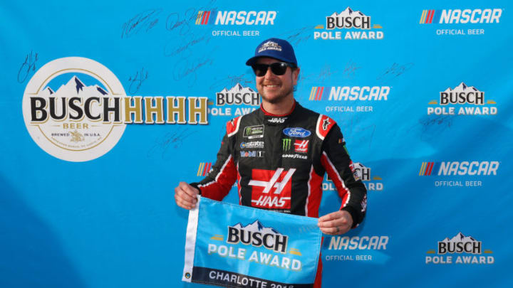 CHARLOTTE, NC - SEPTEMBER 28: Kurt Busch, driver of the #41 Haas Automation/Monster Energy Ford, poses with the Busch Pole Award after posting the fast lap during qualifying for the Monster Energy NASCAR Cup Series Bank of America Roval 400 at Charlotte Motor Speedway on September 28, 2018 in Charlotte, North Carolina. (Photo by Jonathan Ferrey/Getty Images)
