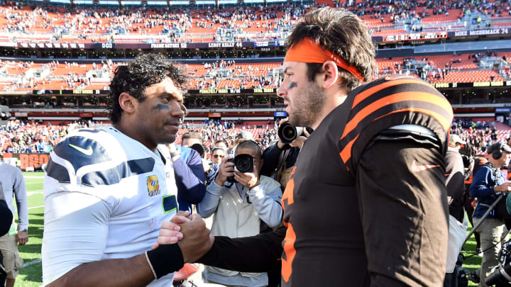 Oct 13, 2019; Cleveland, OH, USA; Seattle Seahawks quarterback Russell Wilson (3) and Cleveland Browns quarterback Baker Mayfield shake hands after the game between the Cleveland Browns and the Seattle Seahawks at FirstEnergy Stadium. Mandatory Credit: Ken Blaze-USA TODAY Sports