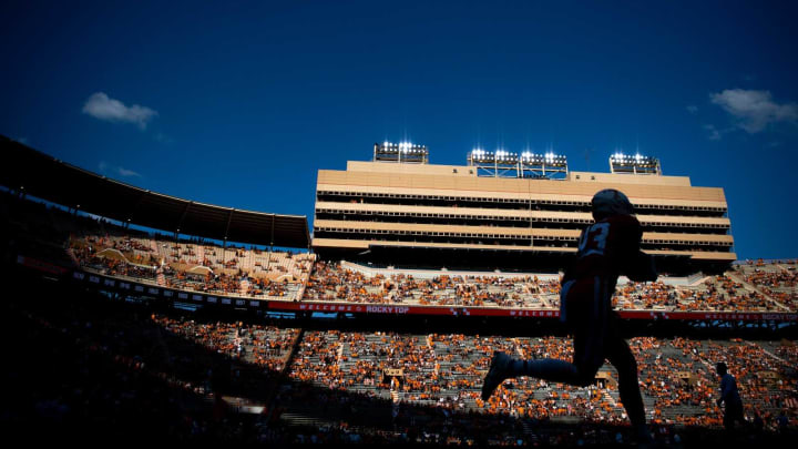Tennessee players warm up before Tennessee’s home football game against Akron in Neyland Stadium in Knoxville, Tenn., on Saturday, Sept. 17, 2022.Kns Ut Akron Football Bp