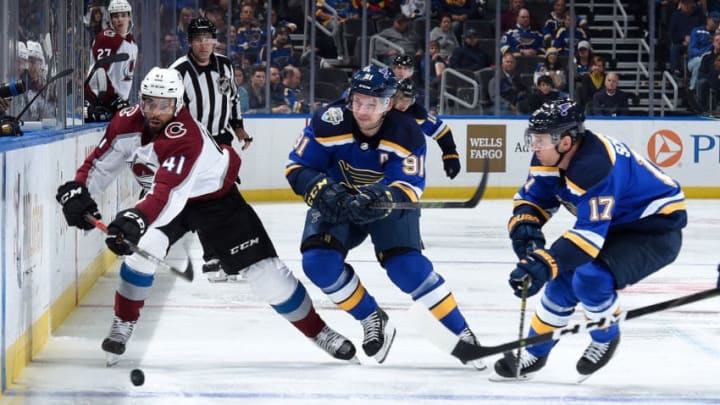 ST. LOUIS, MO - OCTOBER 21: Pierre-Edouard Bellemare #41 of the Colorado Avalanche Vladimir Tarasenko #91 of the St. Louis Blues and Jaden Schwartz #17 of the St. Louis Blues look for control of the puck at Enterprise Center on October 21, 2019 in St. Louis, Missouri. (Photo by Joe Puetz/NHLI via Getty Images)