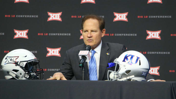 ARLINGTON, TX - JULY 15: Kansas head coach Les Miles speaks during the Big 12 Media Days on July 15, 2019 at AT&T Stadium in Arlington, TX. (Photo by George Walker/Icon Sportswire via Getty Images)