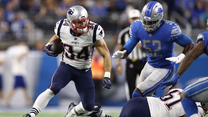 DETROIT, MI - SEPTEMBER 23: Rex Burkhead #34 of the New England Patriots during a run against the Detroit Lions at Ford Field on September 23, 2018 in Detroit, Michigan. (Photo by Gregory Shamus/Getty Images)